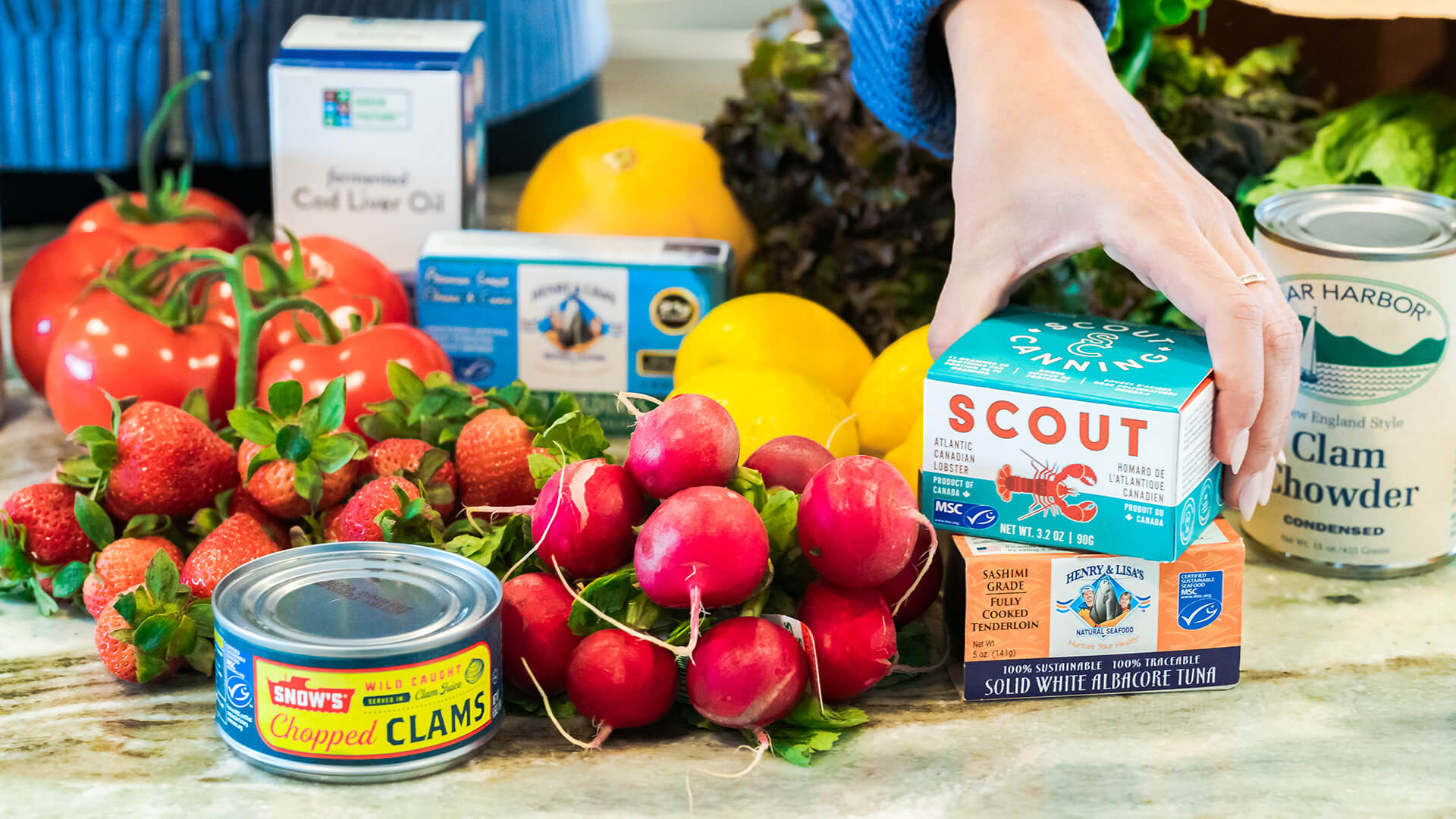 assortment of products with MSC blue fish label