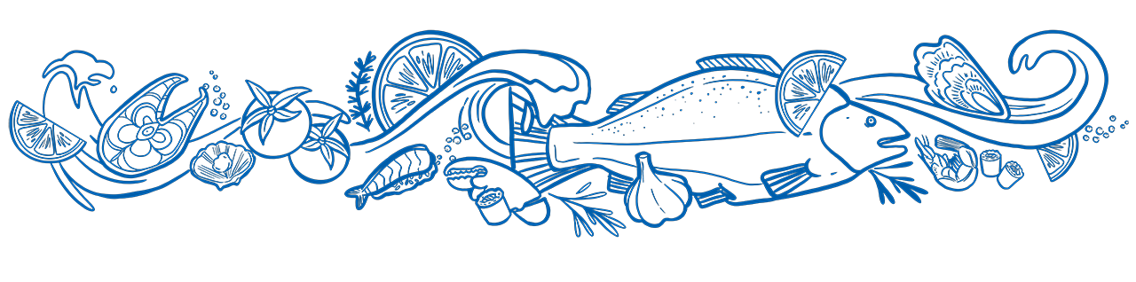 Illustration of fish with waves, salmon steaks, and various seafood ingredients