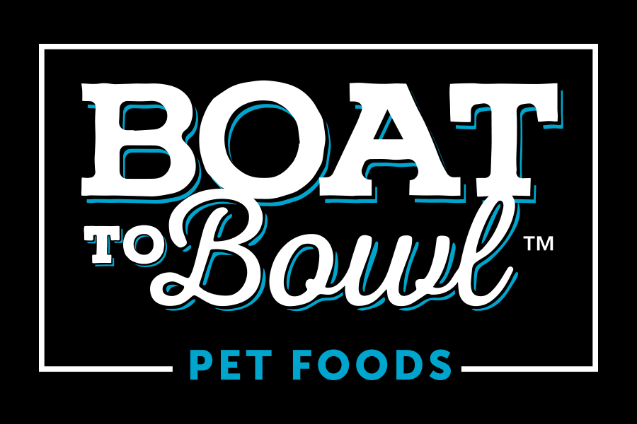 Boat to Bowl Pet Foods logo in white text over black background