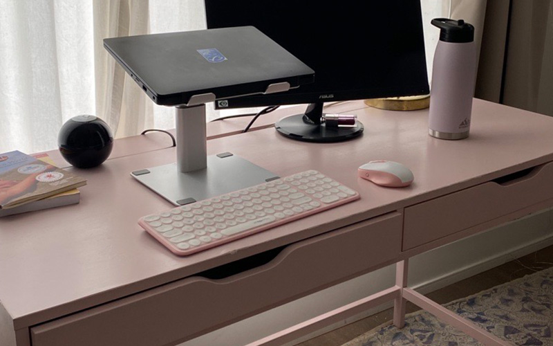 upcycled desk with laptop and other office items