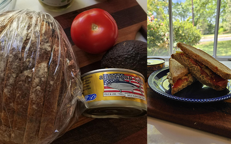 close-up of ingredients and plate of sustainable tuna salad sandwich