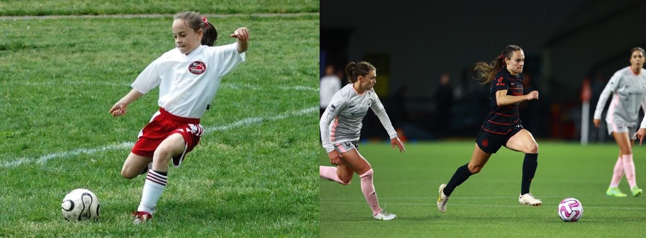 Split screen of a woman playing soccer at age 6 (left) and 25 (right)