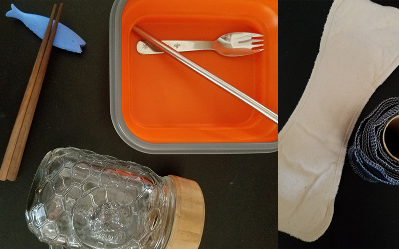 reusable cutlery set with metal straw and reusable coffee jar; reusable menstrual pad and toilet paper