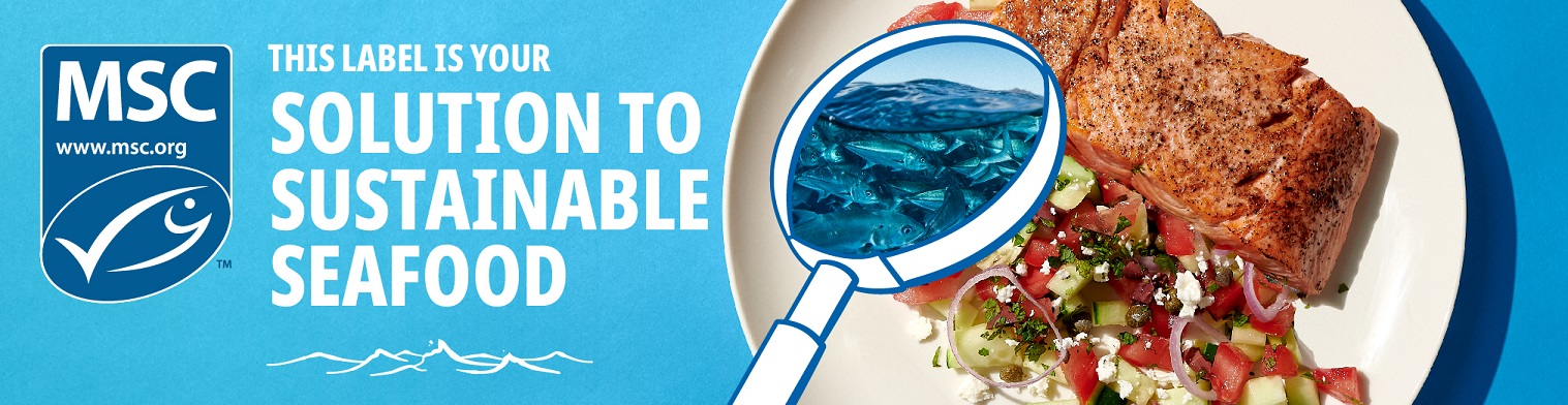 Blue image the MSC ecolabel and white text reading This Label is Your Solution to Sustainable Seafood