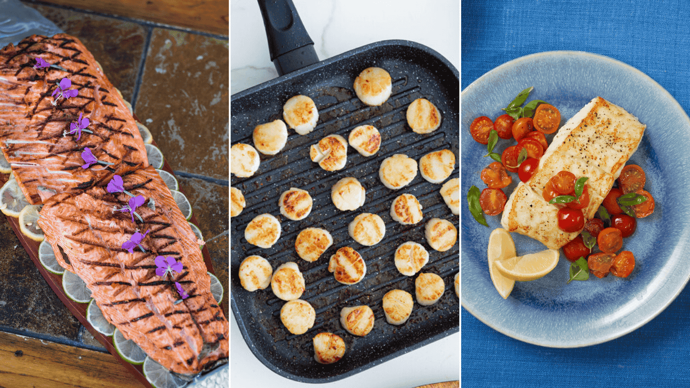 Salmon, scallops, and halibut Left: grilled salmon, middle: grilled scallops, right: seared halibut with tomatoes