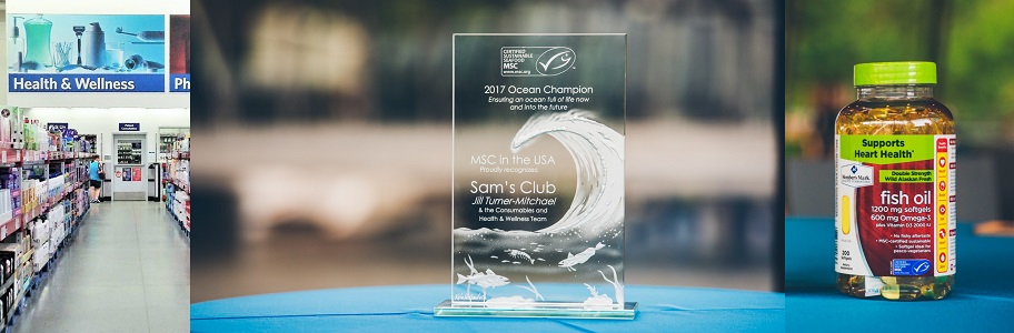 Sam's Club aisle, Ocean Champion award, and MSC certified fish oil