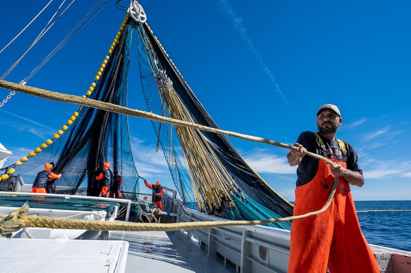 Sardine fisher in orange overalls pulling a rope on a boat