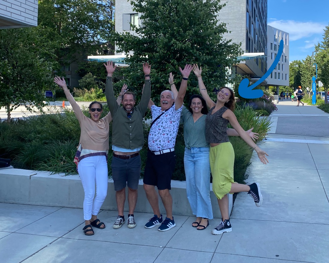 Five people celebrating with their hands raise in the air