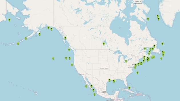 Map of North America with points highlighting certified fisheries