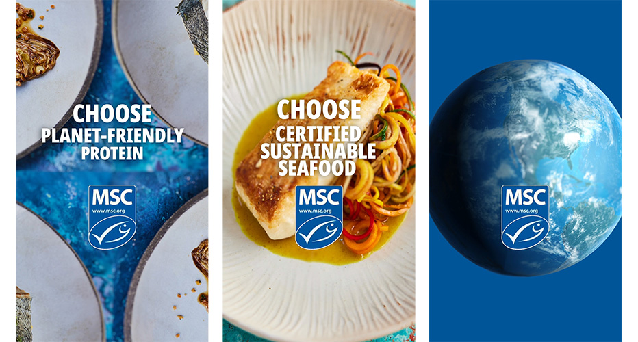 Three screenshots of a video for seafood month with the phrases "choose planet-friendly protein" and "choose certified sustainable seafood"