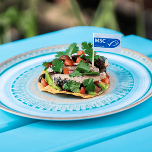 A sardine tostada on a white plate over a blue table