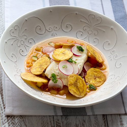 Seared Atlantic cod with Argentinian puchero con chorizo