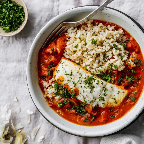 Poached halibut with tomato coconut curry