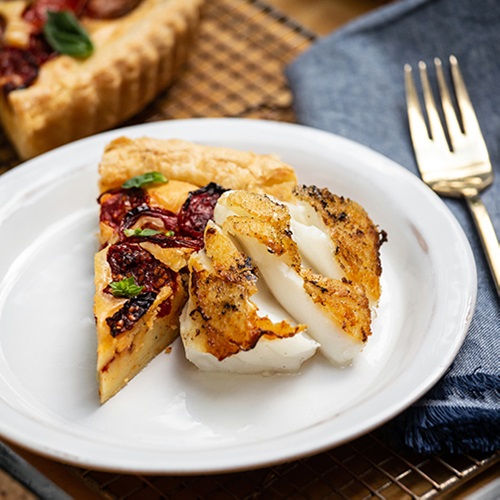 Tomato ricotta tart with roasted cod