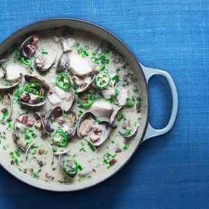 Cod & Clam Chowder with Creamy Dashi, Bacon, & Jalapeño 