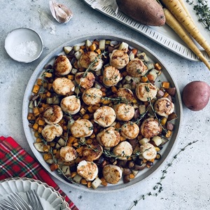 Pan Seared Sea Scallops with Roasted Root Vegetable Hash