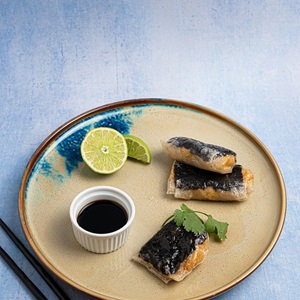 Rice Paper "Dumpling" with Coldwater Shrimp, Cabbage, Kimchi and Seaweed