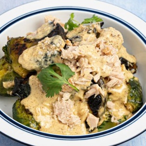 Smashed Brussel Sprouts with Brown Butter Tuna Hollandaise
