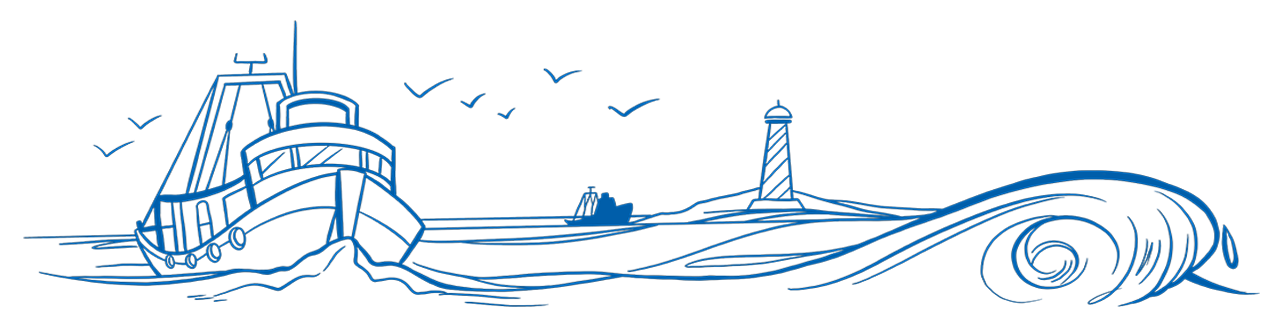 Illustration of boat in front of lighthouse with birds and wave
