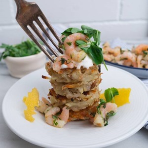 Crispy Potato Cakes with Herb Marinated Cold Water Shrimp
