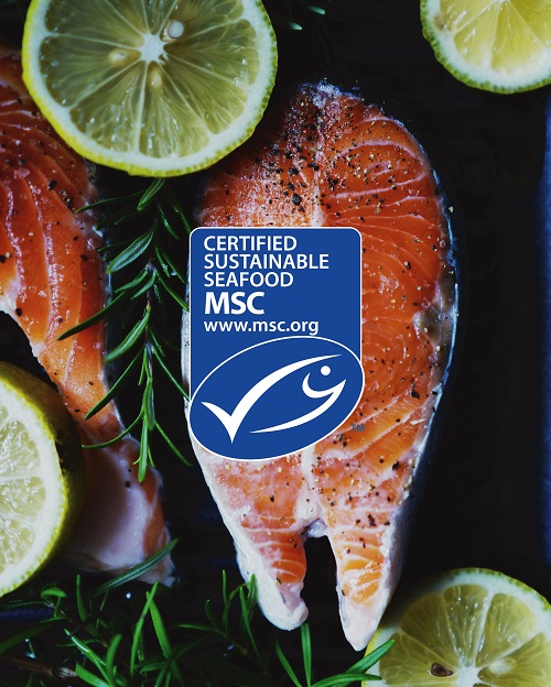 Salmon stake with the MSC blue fish label