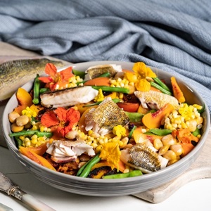Walleye with sweet corn and peach succotash