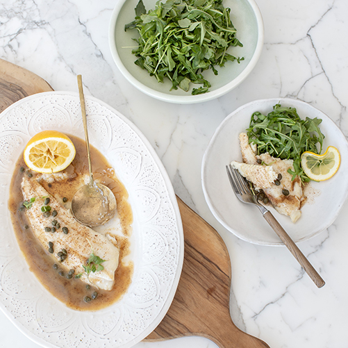 Wild sole, white wine and caper brown butter sauce, arugula Marine