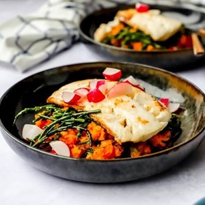Aiglefin avec purée de patates douces et salicorne