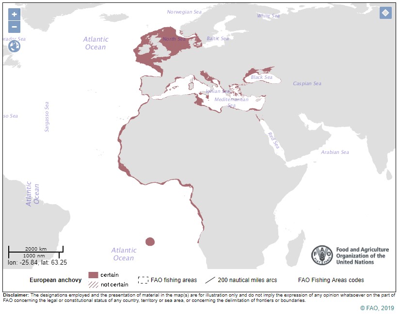 Overzicht op kaart met vangstgebied ansjovis