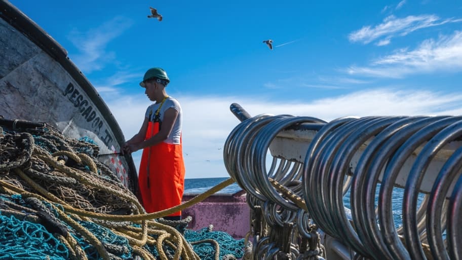 Pêcheur démêlant ses filets à bord d'un bateau