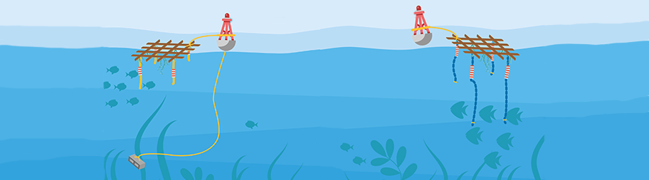 animatie met twee lokboeien voor vissen in de oceaan