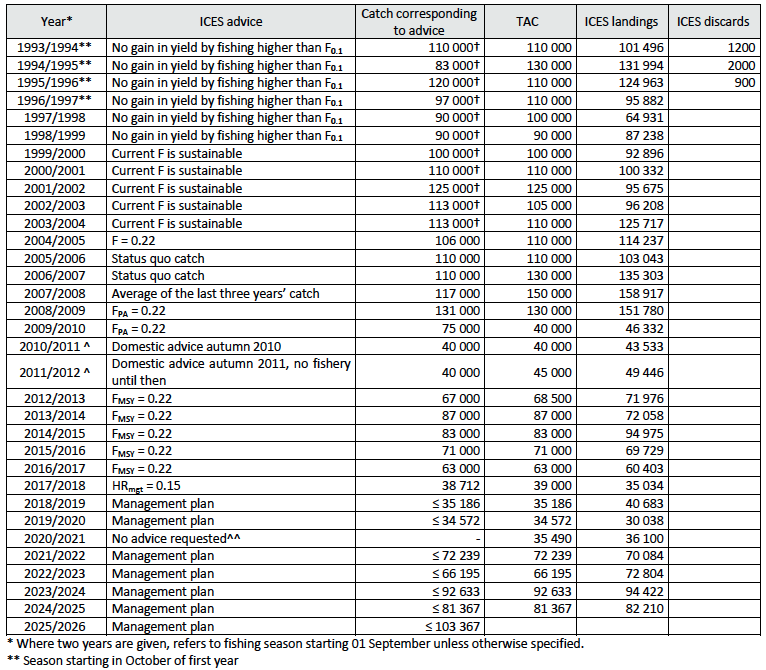 Tabela połowy śledzia islandzkiego