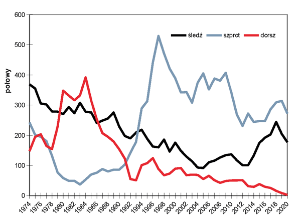 WR-5-6-2021_Strona_06 Połowy (tys. ton) dorszy, śledzi i szprotów Bałtyku w okresie 1974-2020