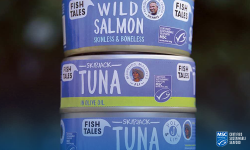 Image from Bart van Olphen's Tinned Fish Cookbook featuring stack of canned seafood clearly showing the MSC blue fish label