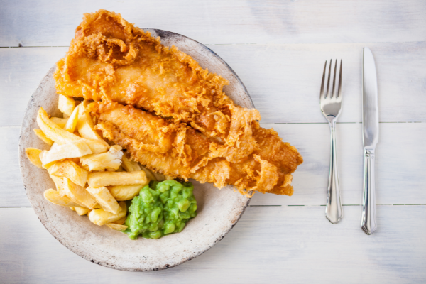 Fish and chips with mushy peas.