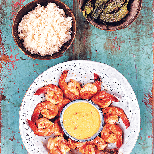 Wild piri piri prawns with mango and padrón peppers