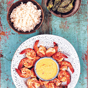 Wild piri piri prawns with mango and padrón peppers