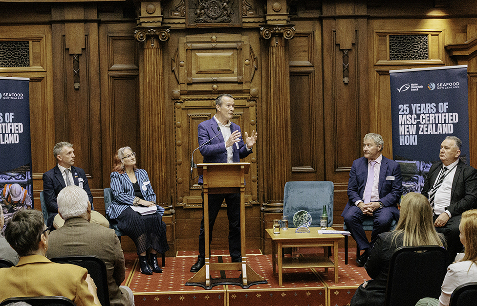 Rupert Howes in parliament announcing NZ Hoki 25 years of MSC certification