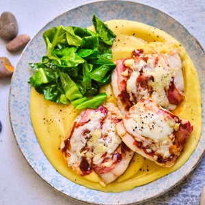 Bacon-wrapped coley with cheesy polenta