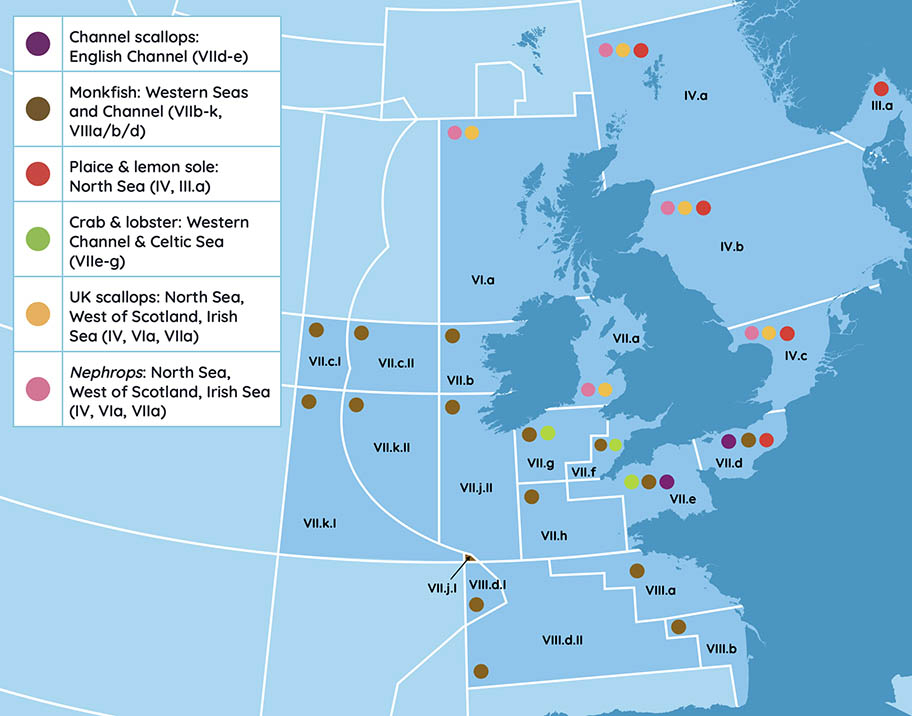 Map showing distribution of fish species fished by Project UK fisheries