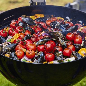 BBQ mussels with whiskey, orange and heritage tomato salad