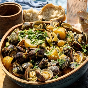 MSC clams with elderflower & new potatoes