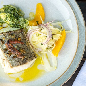 Hake with fennel salad & crunchy salsa verde