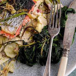Salmon with leek oil and pickled cucumbers