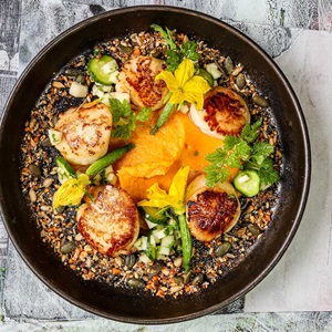 Pan Fried Scallops with Squash Puree & Dukkah