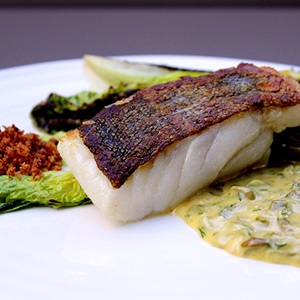 Roast MSC Cod, Charred gem, Tartar Hollandaise, Pancetta Crumb