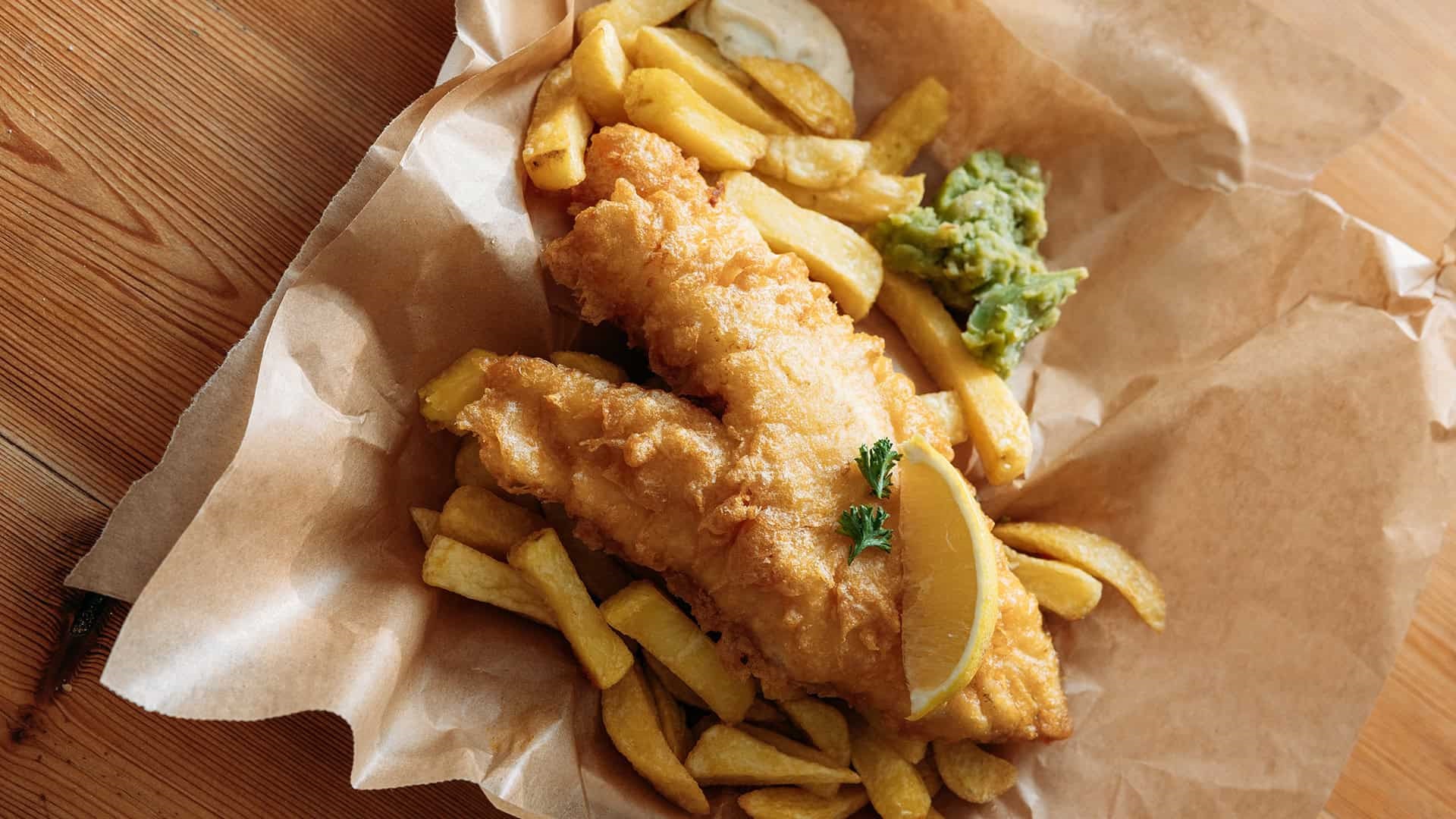 Fish and chips on brown paper