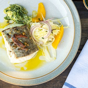 Hake with fennel salad & crunchy salsa verde
