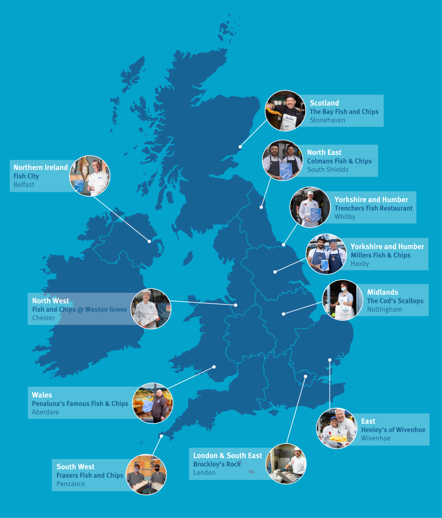 Map of the UK showing locations of MSC certified fish and chip shops