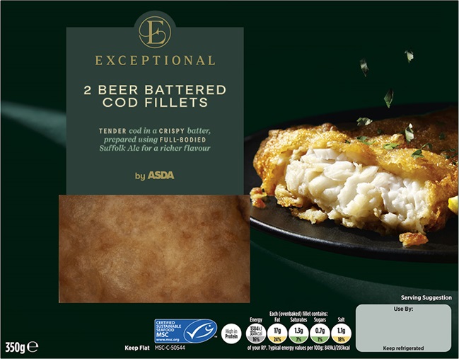 Pack shot of Asda Exceptional 2 beer battered cod fillets